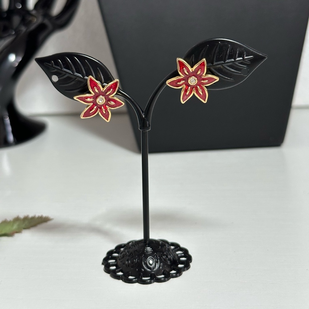 Red Enamel Clear Rhinestone Gold Tone Earrings